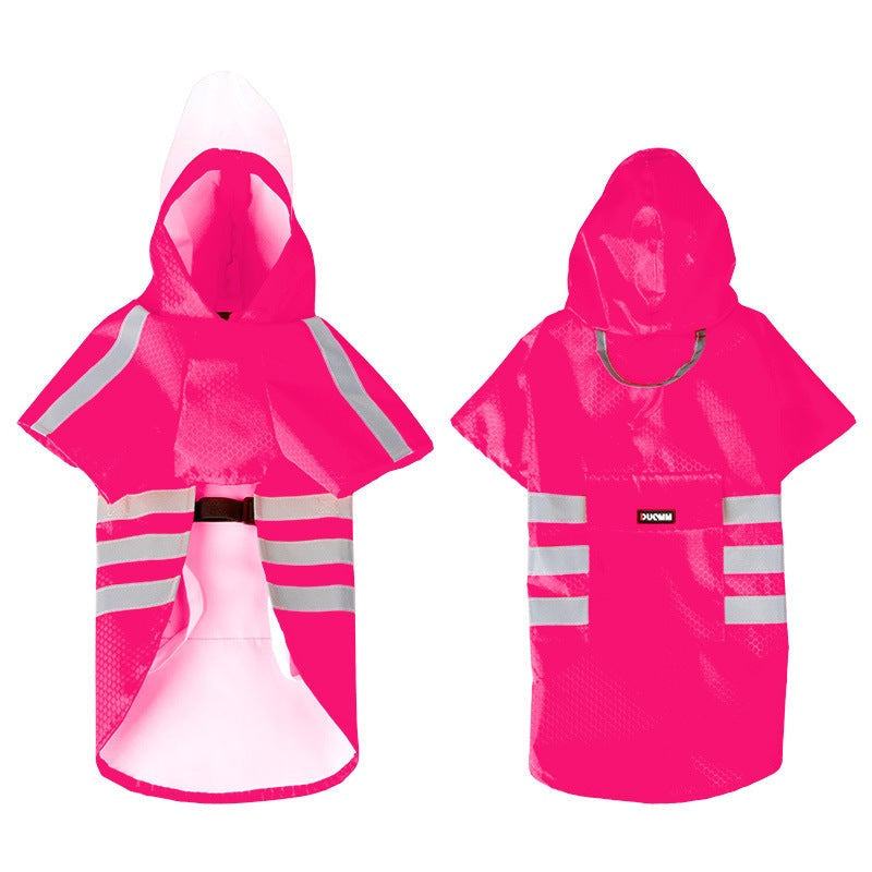 Large Dog Raincoat in bright pink with reflective stripes, hooded poncho style waterproof and windproof design