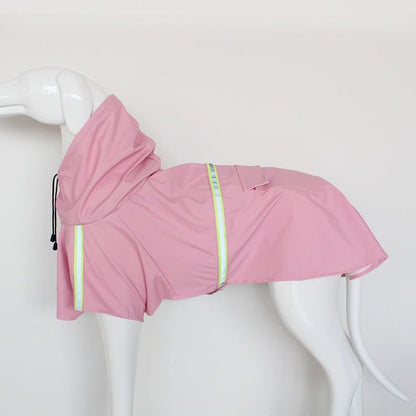 Large Dog Raincoat in pink waterproof PU material with reflective strips and a hood for windproof protection