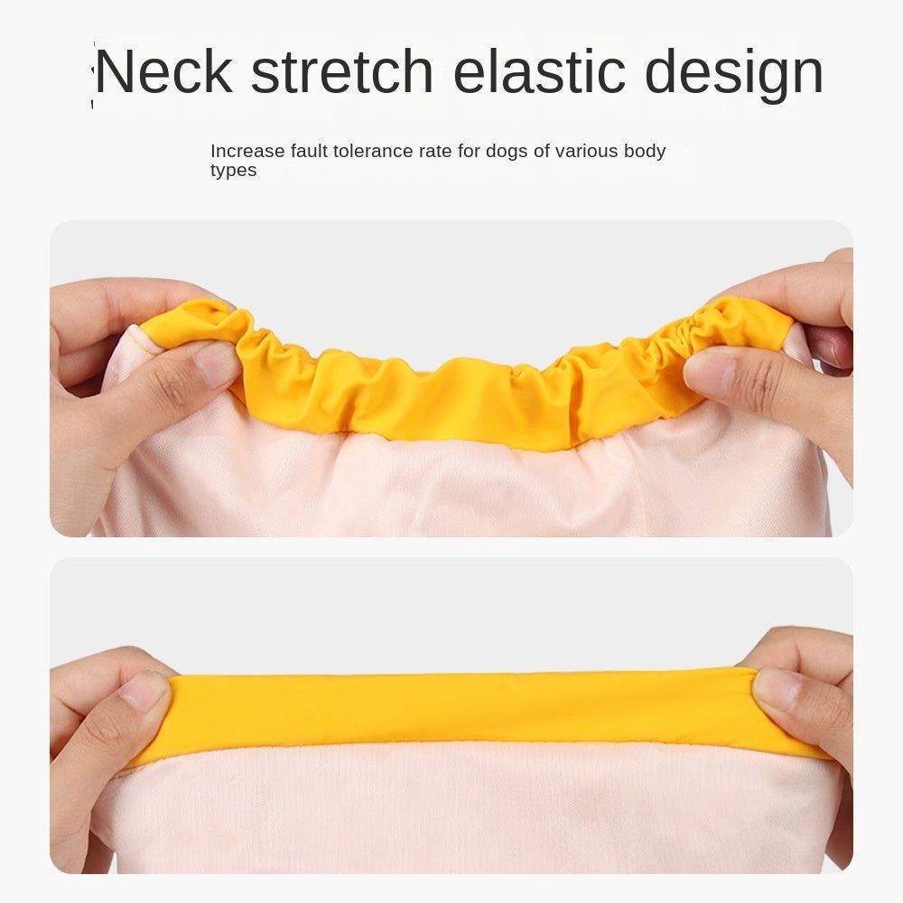 Large Dog Raincoat with yellow elastic neck stretch design showing flexibility and fault tolerance for various dog body types