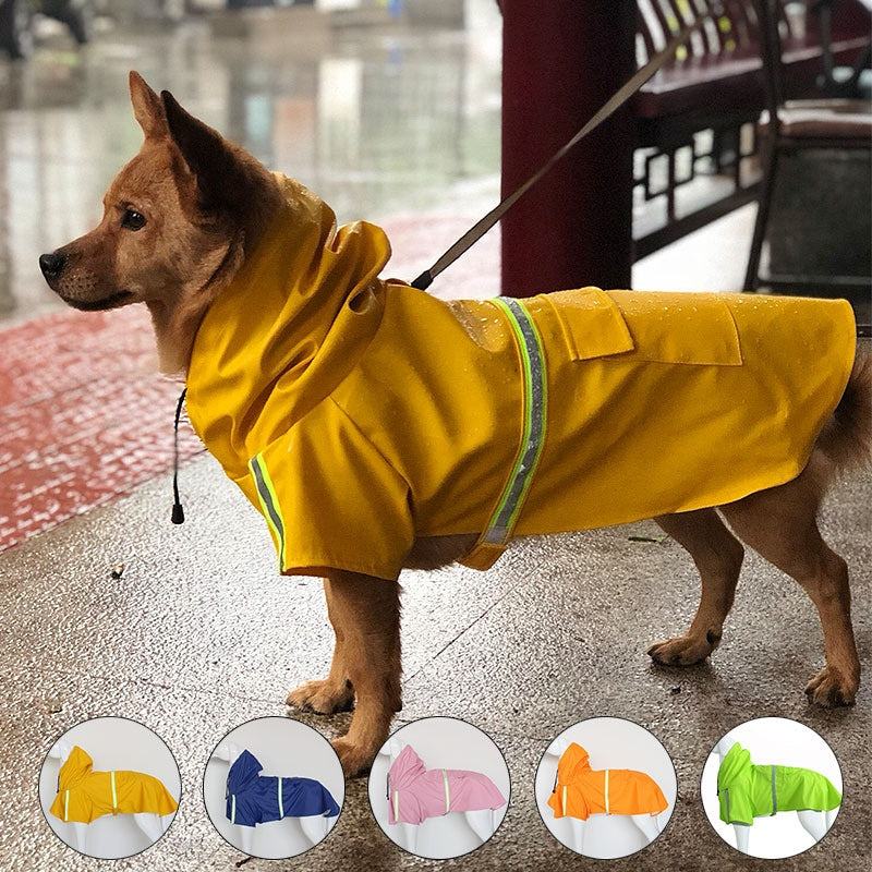 Large Dog Raincoat in bright yellow waterproof PU material with reflective strips and hood for visibility and protection