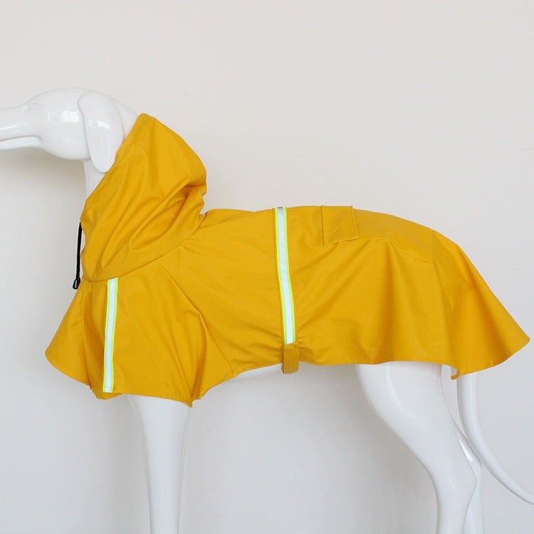 Large Dog Raincoat in yellow waterproof PU material with reflective strips and hooded poncho style design