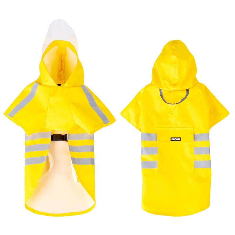Large Dog Raincoat in bright yellow waterproof PU material with reflective strips and hood for visibility and rain protection