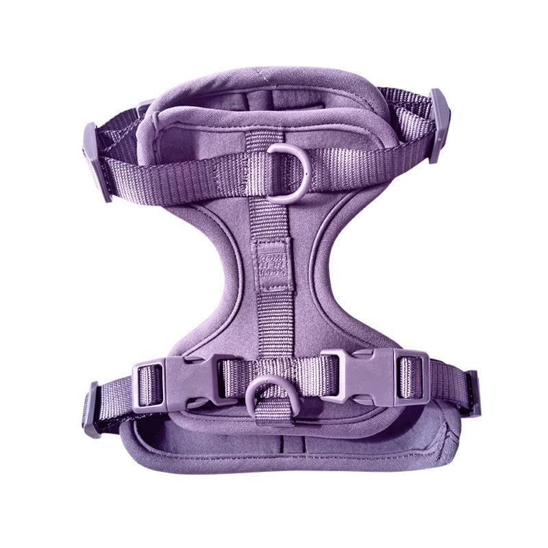 Comfortable stretchy and classic purple dog harness with cushioned padding and adjustable straps.