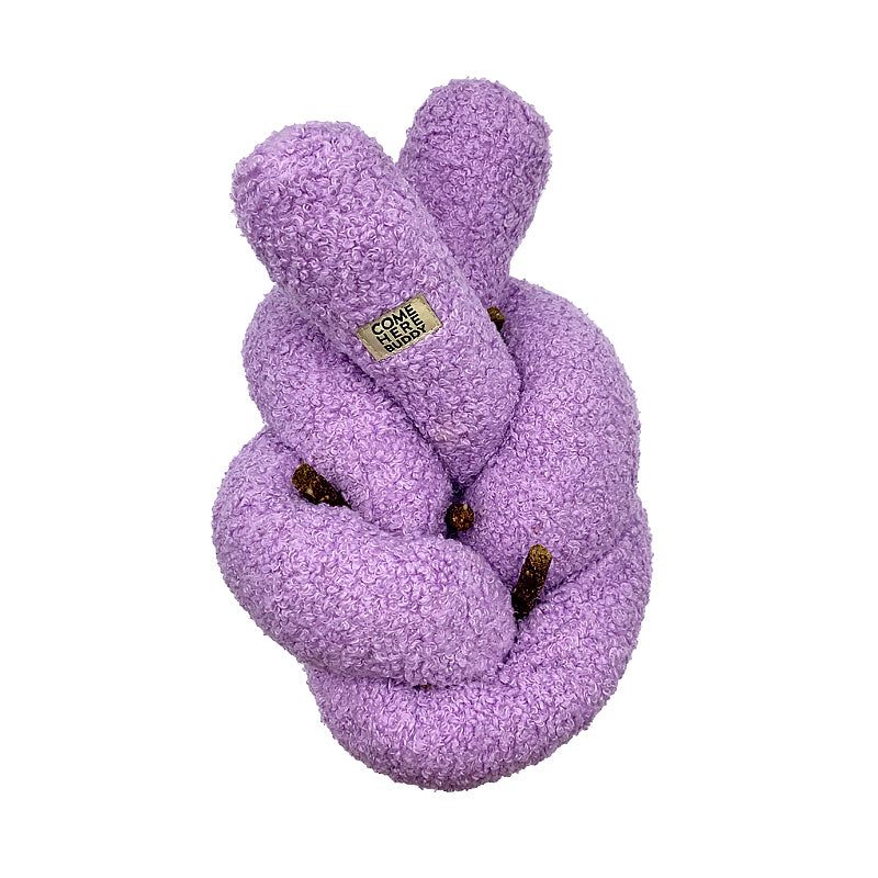 Purple plush velvet dog toy Knott by COME HERE BUDDY’s with durable double stitching for chewing and play