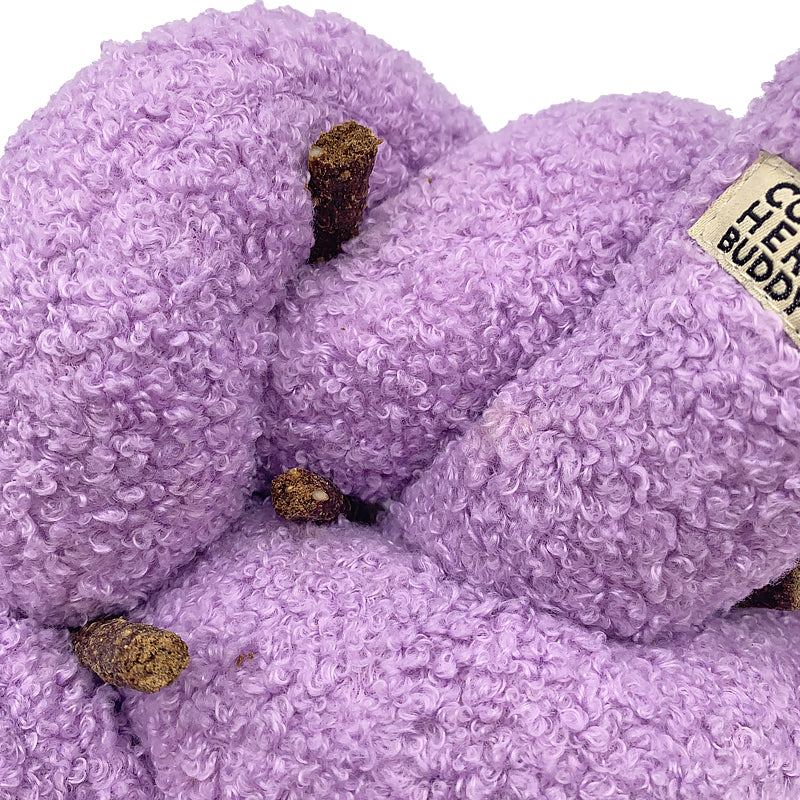 Purple plush velvet knott dog toy from COME HERE BUDDY’s collection with durable stitching