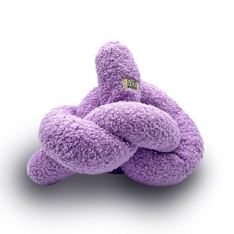 Purple plush velvet dog toy Knott by COME HERE BUDDY’s for chewing and play