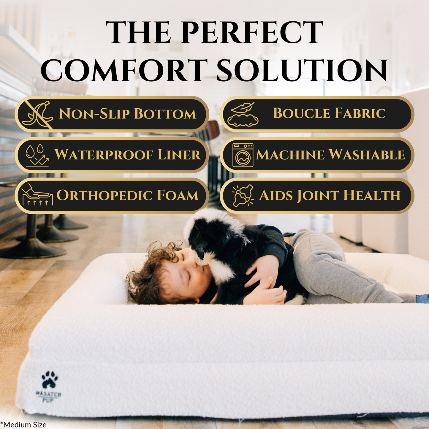 Luxury orthopedic dog bed with memory foam and plush boucle cover