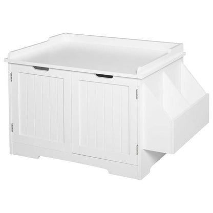 White wooden cat litter box nightstand with storage rack and magnetic doors enclosure