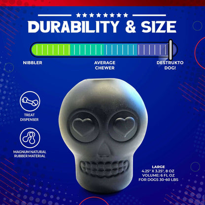 Black Magnum Sugar Skull durable dog chew toy and treat dispenser