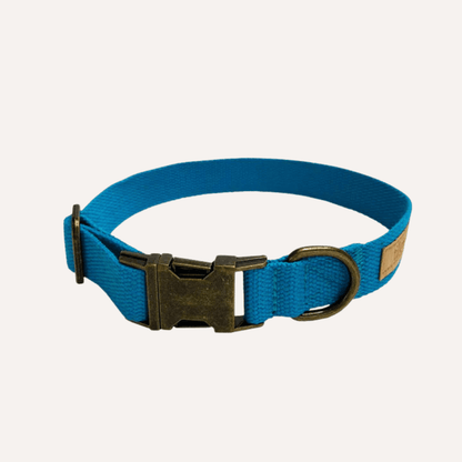 Malibu Sunset adjustable sustainable hemp cotton dog collar in blue with durable buckle