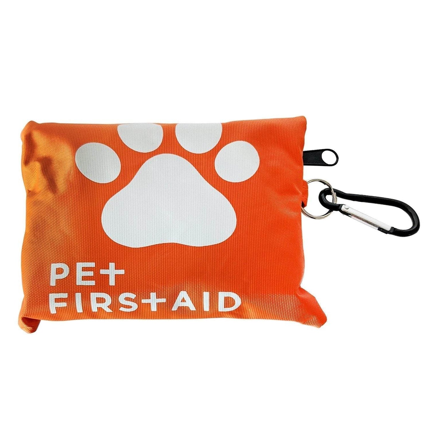Compact orange pet travel first aid kit with paw print and carabiner for emergency care
