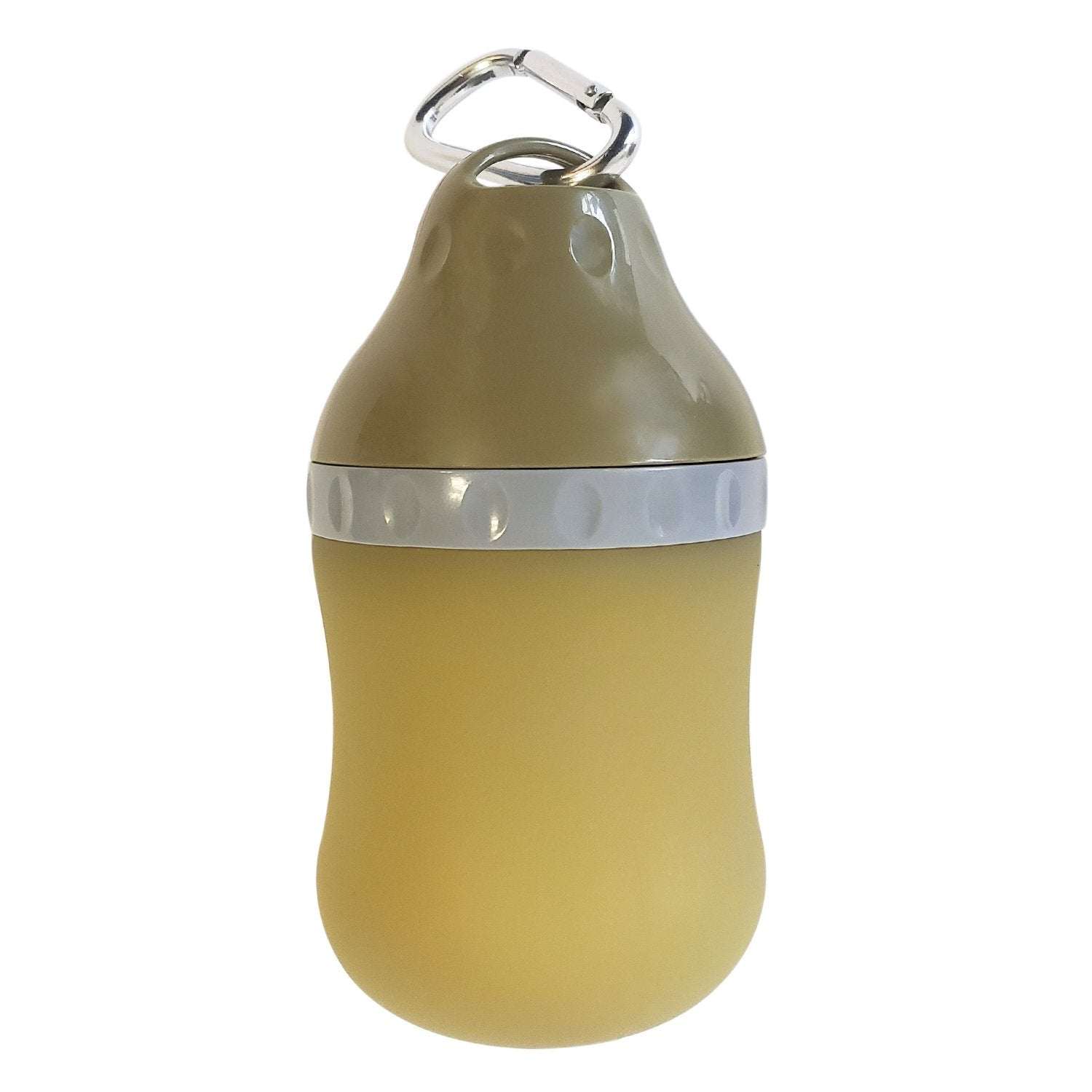 Green collapsible silicone travel water bottle for dogs with leak-proof cap and carabiner clip