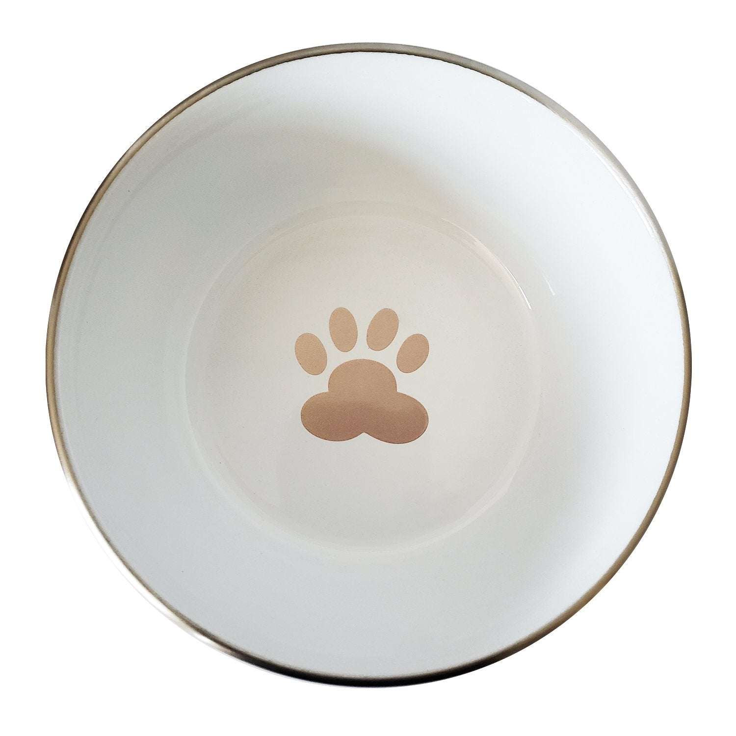 Rose gold deep dog bowl with paw print design, stainless steel, non-slip base, and durable construction for all dog sizes