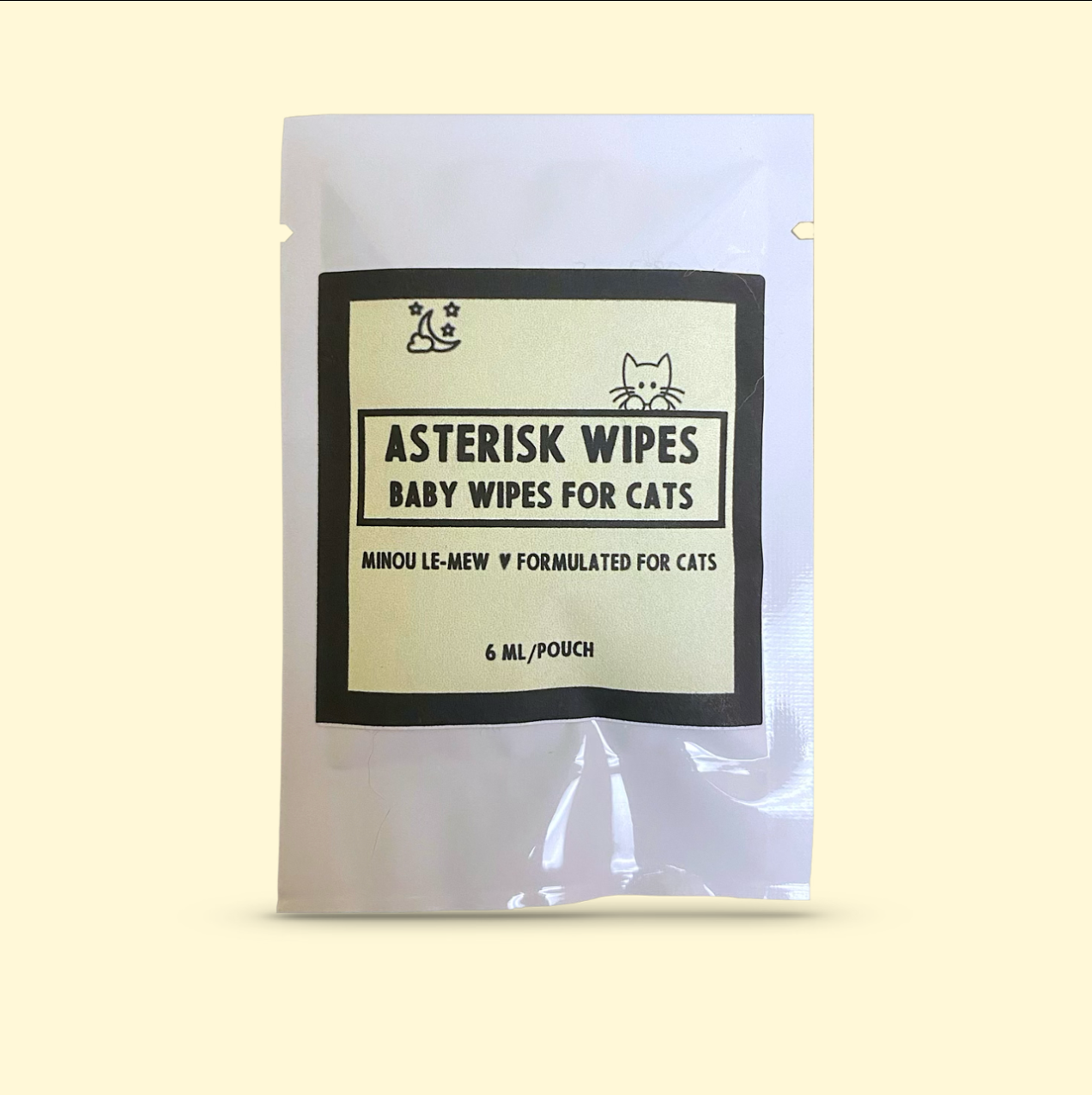 Asterisk Wipes botanical hygiene wipes for gentle cat grooming by Minou Le-Mew in single 6 ml pouch