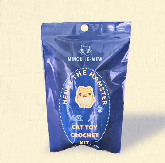 Blue resealable pouch packaging of Heavry the Hamster Cat Toy Crochet Kit by Minou Le-Mew