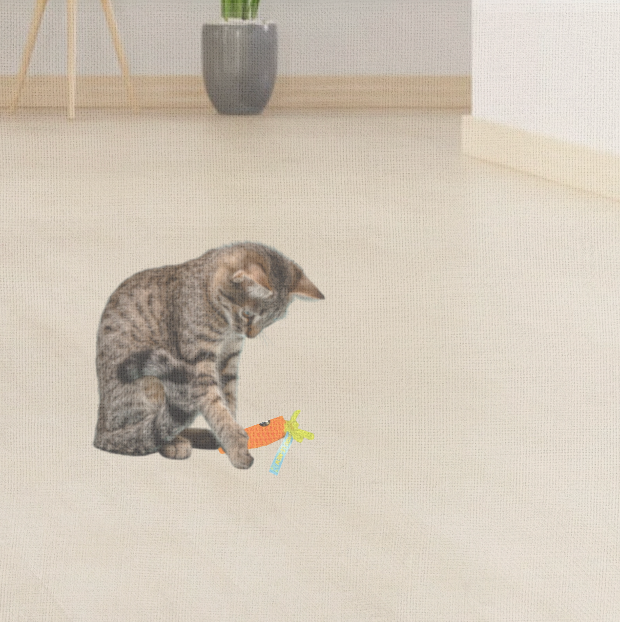 Cat playing with Lulu the Carrot lightweight handmade catnip toy infused with Miracle Nip botanicals