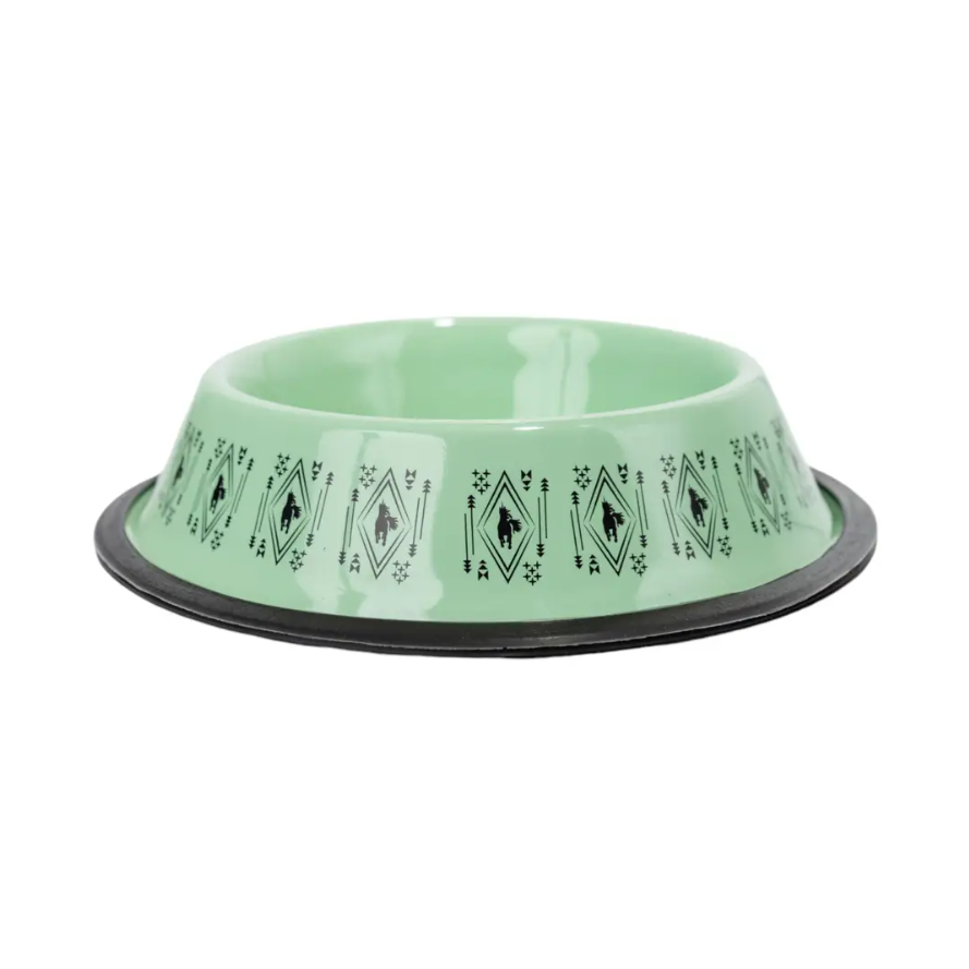Non-Skid Boho Stainless Steel Dog Bowl with whimsical unicorn design and silicone base for medium dogs, 24oz capacity, mint green finish