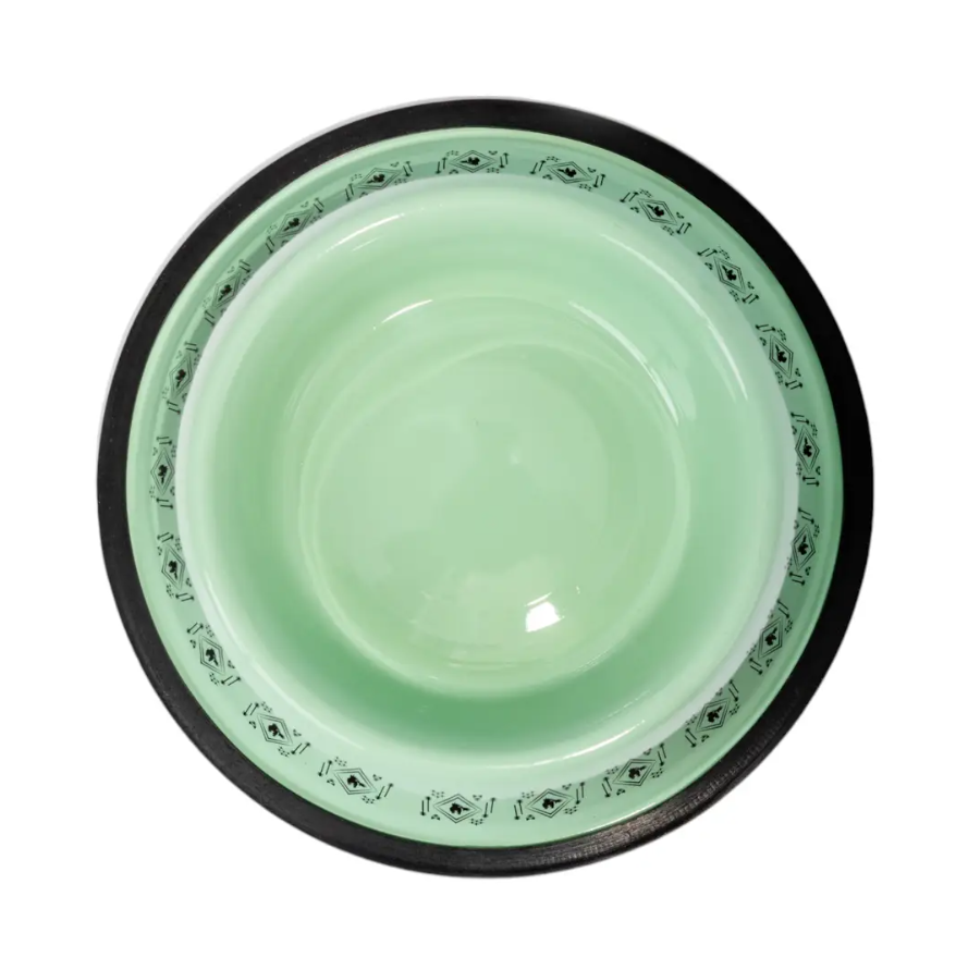 Non-skid boho stainless steel dog bowl with unicorn design and silicone base in mint green