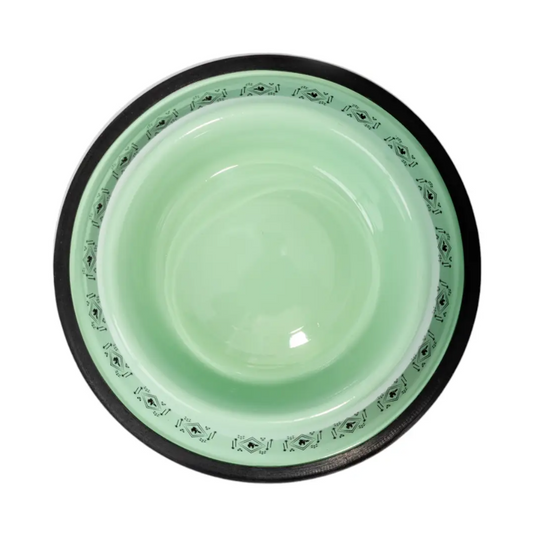 Non-skid boho stainless steel dog bowl with unicorn design and silicone base in mint green