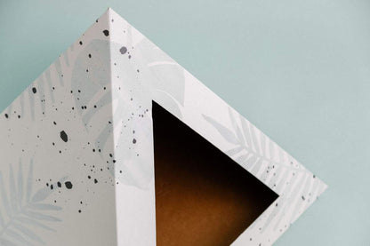 Oasis Cardboard Cat Pyramid with artistic leaf design and triangular opening against light blue background