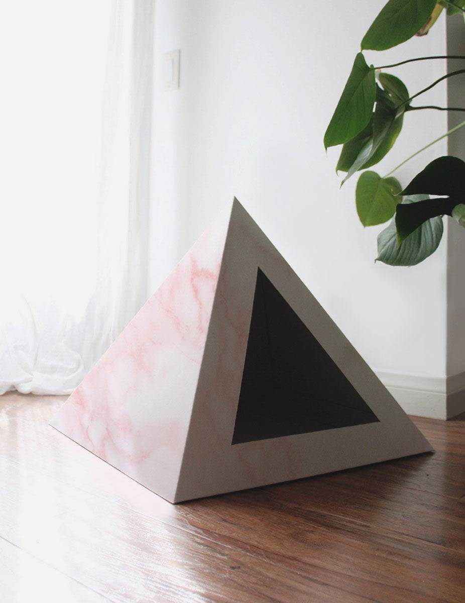 Rose Quartz cardboard cat pyramid with modern design and cozy cat hideaway