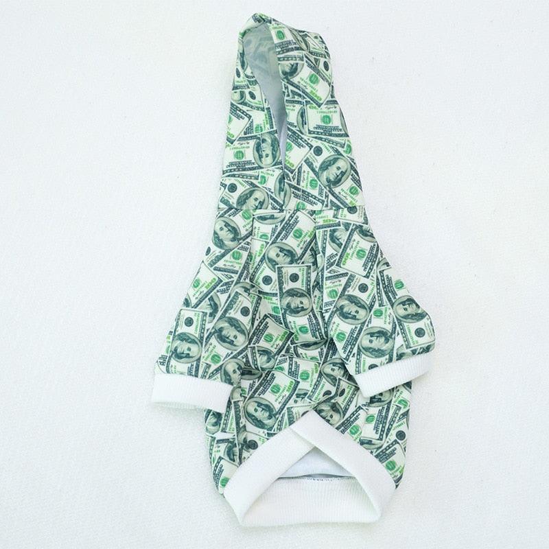 small dog wearing money print hoodie