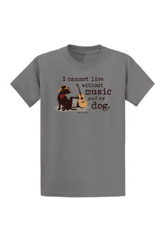 Rustic grey t-shirt with music and dog graphic and text