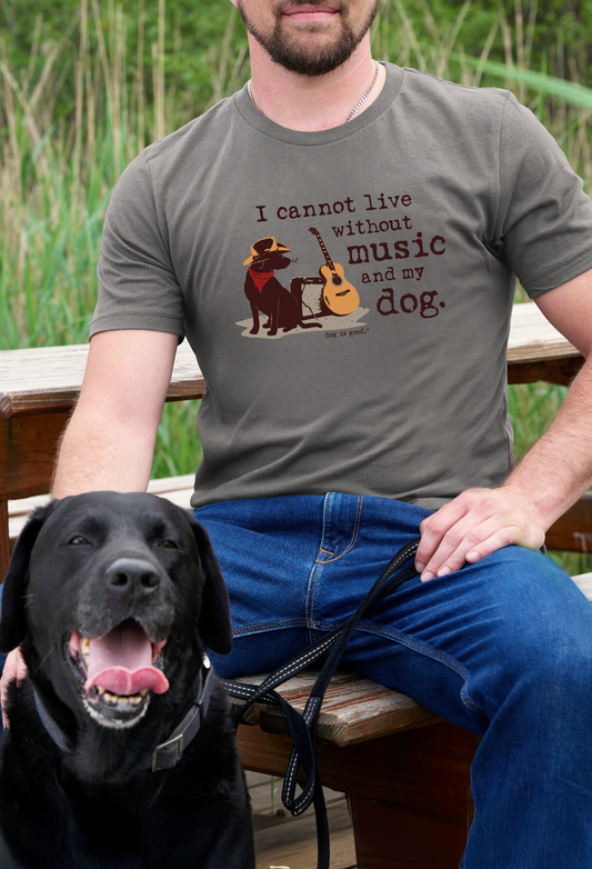 Rustic grey unisex t-shirt with music and dog graphic