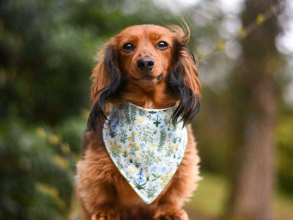 Navy garden party dog bandana with adjustable snap closures