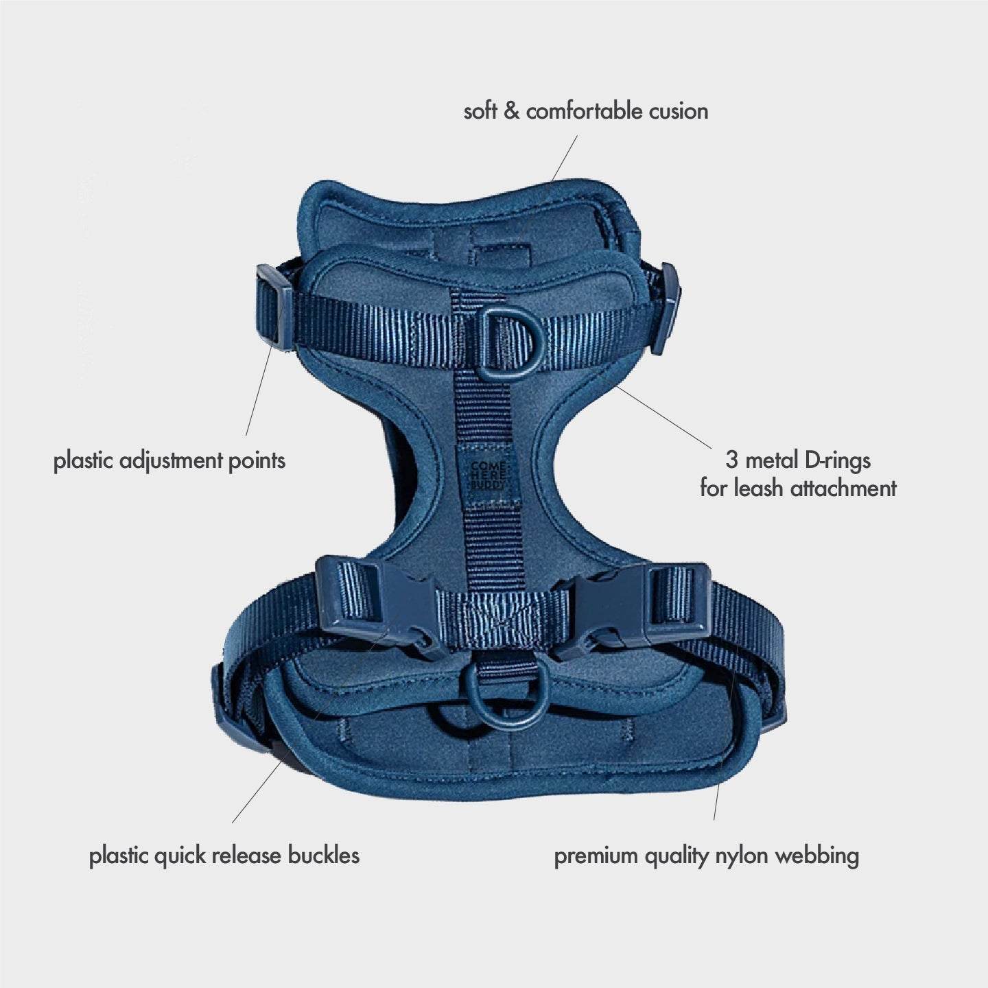 Comfortable stretchy and classic dog harness with soft cushion, adjustable straps, quick release buckles, and three metal leash attachment points.