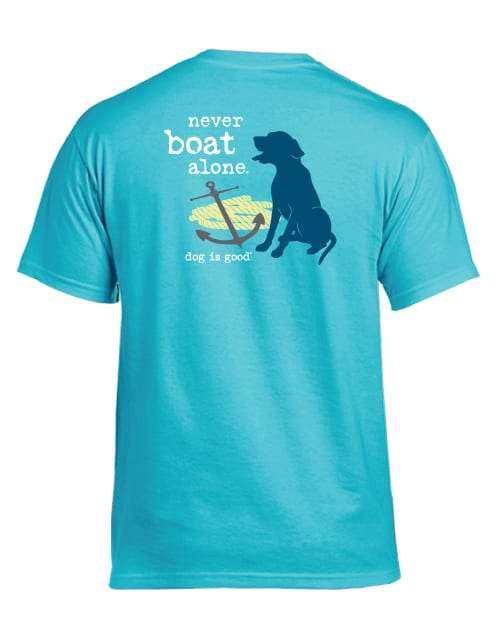 Light blue unisex cotton t-shirt with Never Boat Alone fishing design