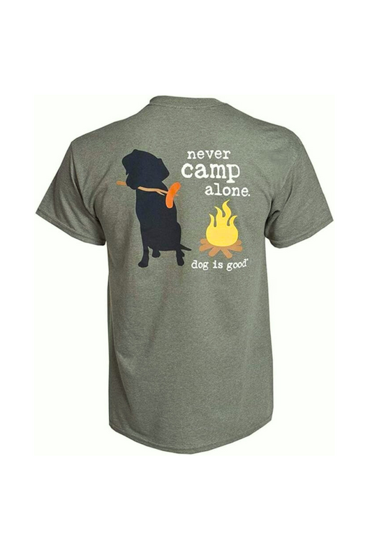 Never Camp Alone military green t-shirt for dog lovers camping