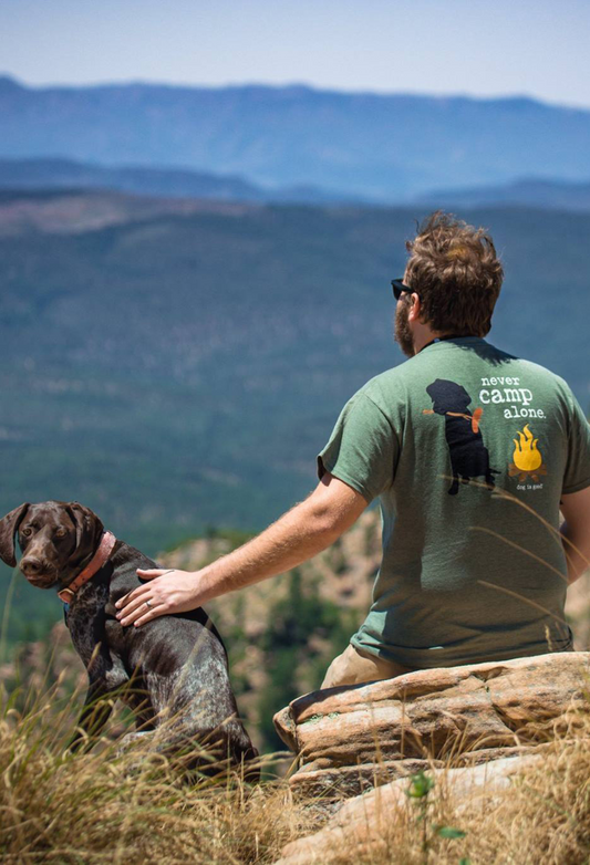 Military green Never Camp Alone t-shirt for dog lovers and campers