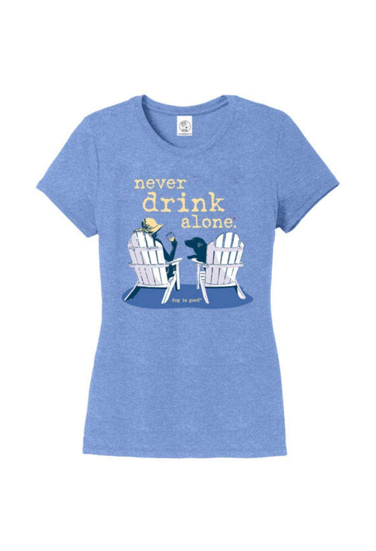 blue womens v-neck never drink alone t-shirt