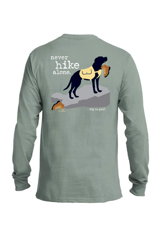 Never Hike Alone Long Sleeve T-shirt with hiking dog graphic