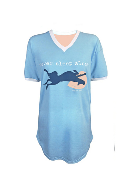 Light blue sleep shirt with "never sleep alone" text and dog graphic, cozy cotton material