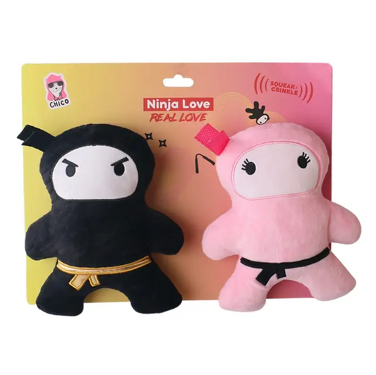 Pink and black ninja love plush dog toys with squeaker and crinkle paper