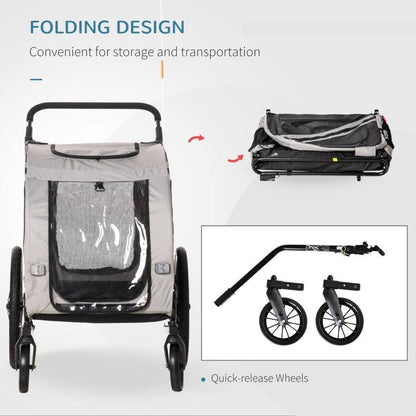 2-in-1 pet bike trailer stroller with folding design and quick-release wheels for easy storage and transport