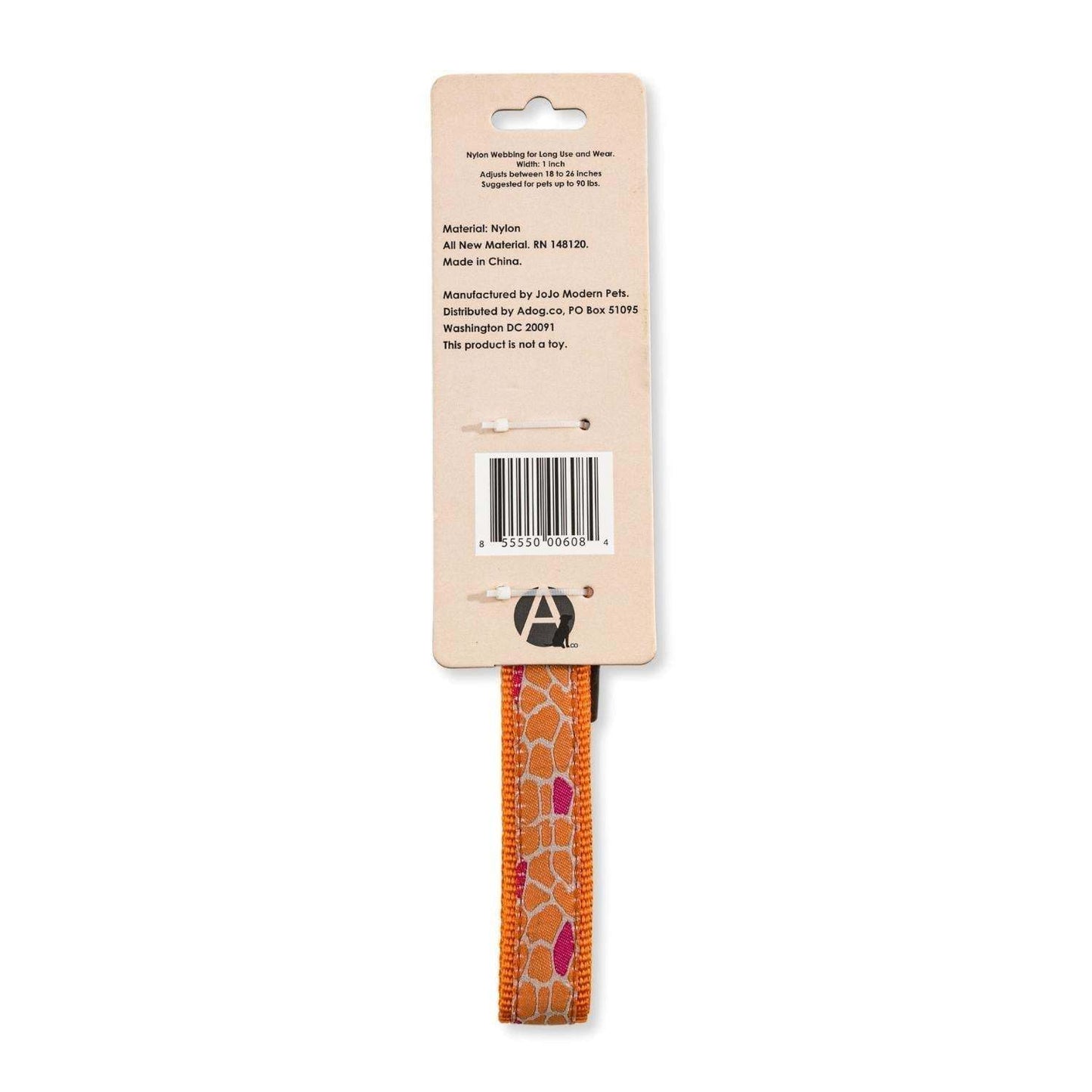 Adjustable nylon dog collar with embroidered giraffe design and secure buckle