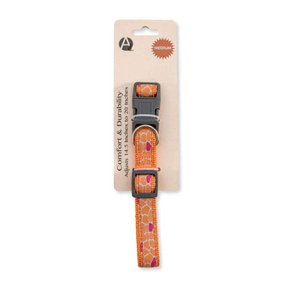 Adjustable nylon dog collar with embroidered colorful giraffe design