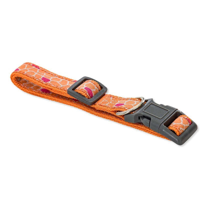 Adjustable nylon dog collar with embroidered giraffe design and secure buckle