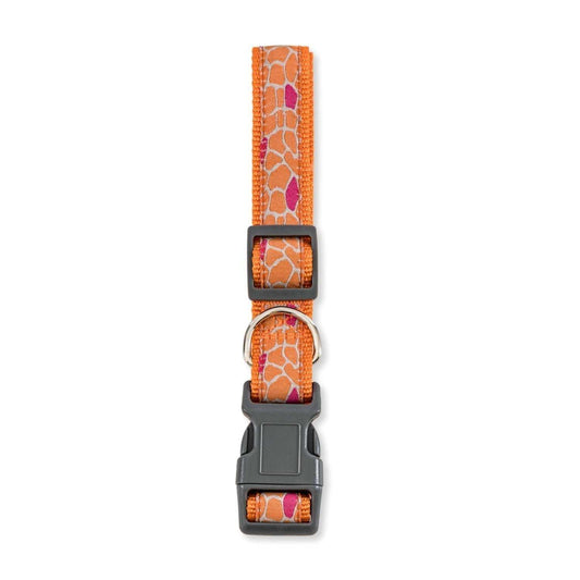 Adjustable nylon dog collar with embroidered giraffe design and secure buckle