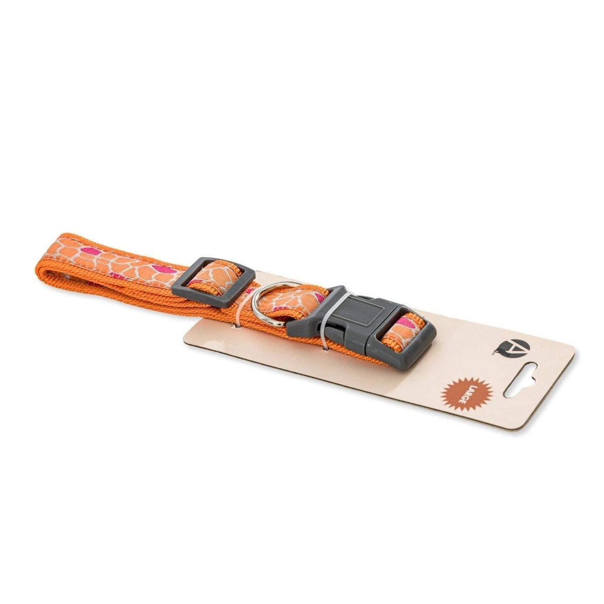 Nylon dog collar with embroidered giraffe design and secure buckle