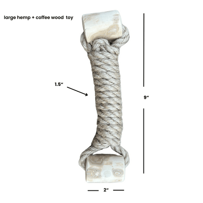 eco-friendly hemp rope and coffee wood durable dog toy for chewing and tug-of-war, large size 9x2 inches