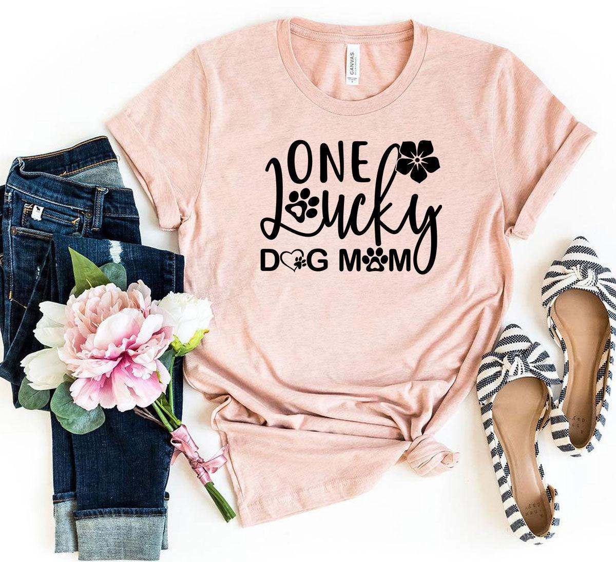One Lucky Dog Mom T-Shirt in white with dog mom graphic