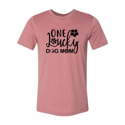 one lucky dog mom t-shirt in white with stylish text print