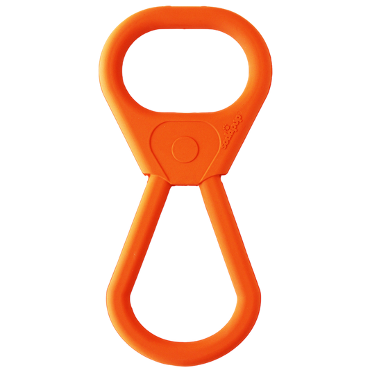 Orange Pop Top Rubber Tug Toy made of durable natural rubber for interactive dog play and tug-of-war with dual handles.
