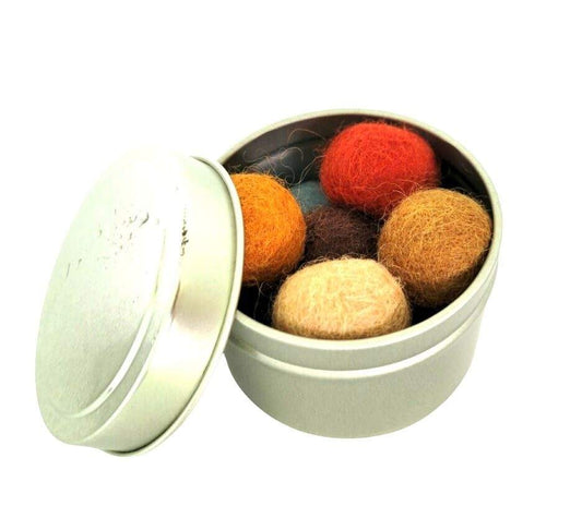 Set of Organic Wool Cat Ball Toys in decorative tin case