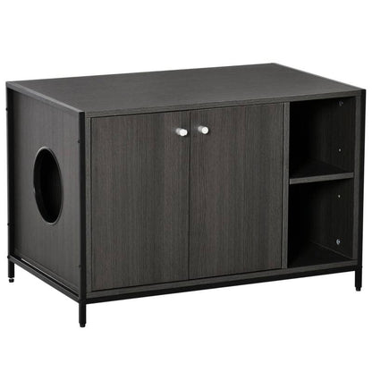 Hidden cat litter box enclosure with particleboard and steel frame, double-door design, magnetic doors, side entry hole, adjustable shelf, and multiple storage spaces in dark wood finish