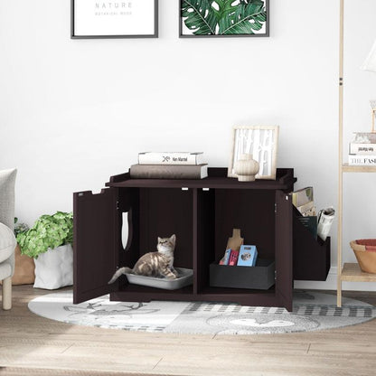 Dark brown wooden cat litter box nightstand with magnetic doors, side storage rack, and a cat resting inside.